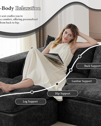 108" Sectional Couches for Living Room Boneless Couch Upholstered Cloud Couch Sectional Modular Sectional Sofa with L Shaped (Chenille-Black, 4 Seat+2 Ottoman)