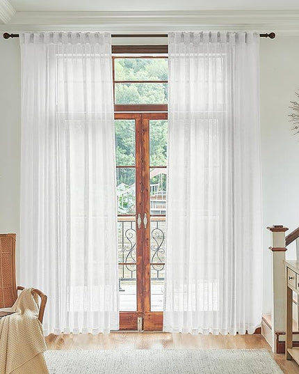Sheer White Linen Curtains 108 Inches Long for Living Room 2 Panels Set Back Tab Loop Pocket Draperies Neutral Soft Textured Semi Sheer Curtains for Large Long Window Vertical 9 FT Tall 72x108 Inch