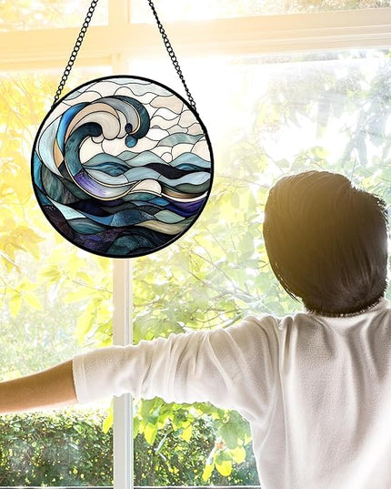 Stained Glass Window Hanging, Ocean Waves Sun Catchers Diamond Glass Panel Hangings Abstract Suncatcher Decor for Birthday for Women, Men, Wife, Aunt, and Mom 7.8 in