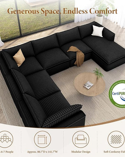 Vesgantti 141.7" Oversized Sectional Boneless Couch, Modern 7 Seater Modular Sofa with Chaise, Deep Seat Convertible Plush Corduroy Cloud Couches for Living Room, No Assembly Required, Black