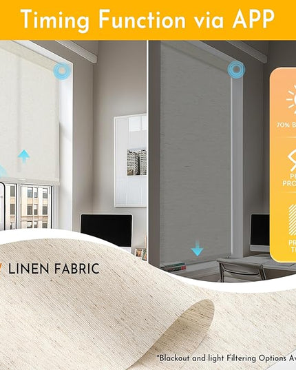 Persilux Smart Motorized Blinds with Remote, No Drill Automatic Roller Shades for Indoor Windows, Light Filtering Linen Fabric, Electric Blinds for Windows, Linen Cream C156-1, Custom Size