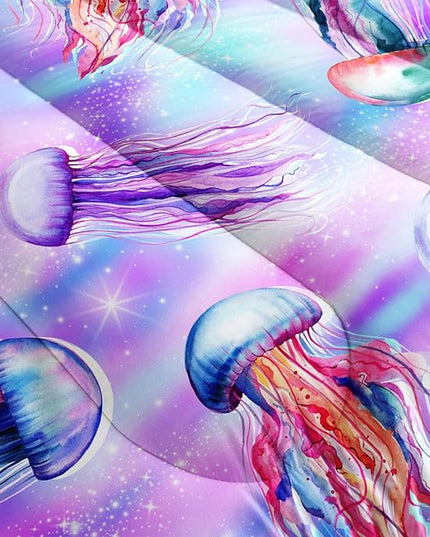 Kawaii Bedding Color Jellyfish Comforter Set King Size,Rainbow Flash Pattern Comforter for Teens Kids Girls Room Decor,Marine Animal Theme Beach Bedding Set with 2 Pillowcases.