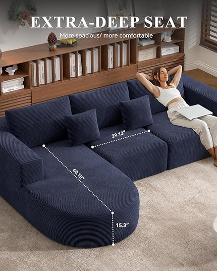 Modular Sectional Sofa with L-Shape Chaise,Cloud Sectional Modern Sleeper Couch with Deep Seat,Sponge Compression Sofas No Assembly Required (Blue-Corduroy Fabric) 1PCS