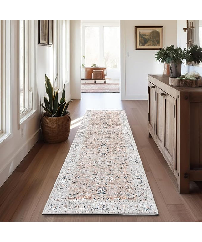jinchan Hallway Runner Rug 2x7 - Vintage Kitchen Rug Washable Runner Floral Boho Floor Cover Lightweight Non Slip Thin Retro Distressed Carpet for Bathroom Laundry Room Bedroom Stairway Pink Blush