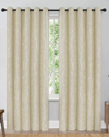 BUHUA Beige Blackout Curtains 63 Inch Lengt Long for Living Room, Room Darkening Curtains with Silver Branch Print, Grommet Thermal Insulated Window Treatment Drapes for Bedroom 2 Panels，66 x 63 Inch