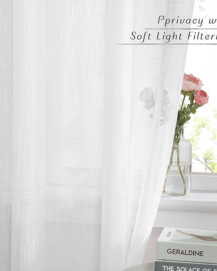 NICETOWN White Linen Curtains 95 inches Length 2 Panels Rod Pocket & Back Tab Pinch Pleated Burlap Semi Sheer Privacy with Light Filtering Window Covering for Bedroom/Living Room, W52 x L84