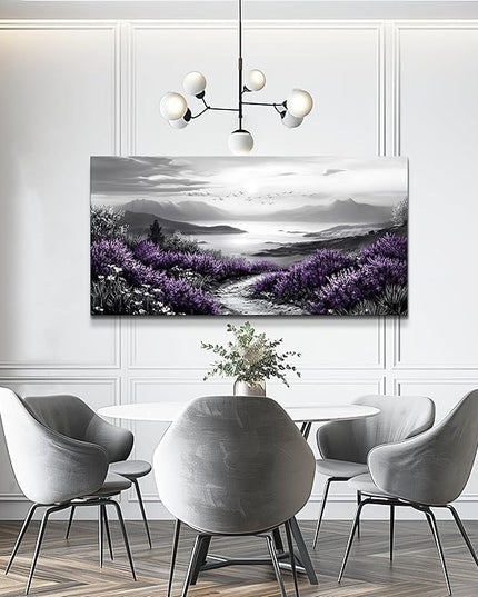KELIYUAN Black And White Home Decoration Canvas Wall Art For Restaurant Natural Landscape Painting Printing Landscape Purple Grass Picture Suitable For Living Room Bedroom Office Wall Decor 20x40In