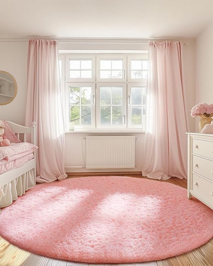 Ophanie Round Rugs 8Ft Pink Circle Area Rug, Fluffy Fuzzy Bedroom Carpet, Plush Soft Shaggy Indoor Floor Kawaii Living Room Rugs for Kids, Cute Room Decor for Teen Girls Home Decor Aesthetic, Nursery