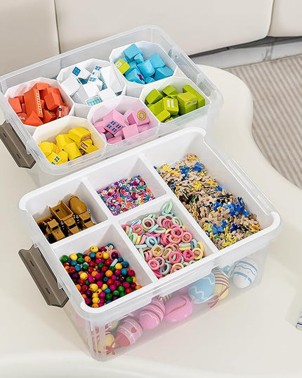 Citylife 17 QT Plastic Storage Box with Removable Tray and 6 Detachable Tall Inserts Craft Organizers and Storage Clear Storage Container for Organizing Crayon, Craft, Sewing, Playdoh, 2 Packs