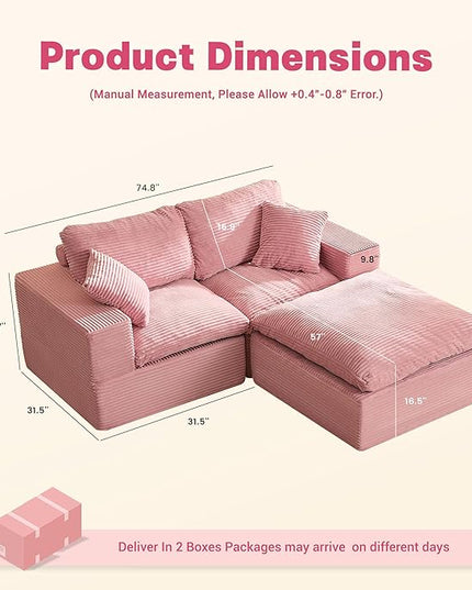 74.8” Cloud Couch, Modular Loveseat Sofa, Convertible Sofas Bed, Deep Seat Sofa, Cozy Sofa for Living Room, Office and Bedroom, L Shaped Cozy Sofa Furniture Set, Corduroy, Pink