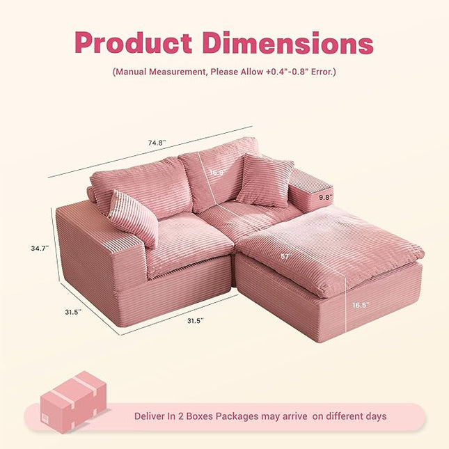 74.8” Cloud Couch, Modular Loveseat Sofa, Convertible Sofas Bed, Deep Seat Sofa, Cozy Sofa for Living Room, Office and Bedroom, L Shaped Cozy Sofa Furniture Set, Corduroy, Pink