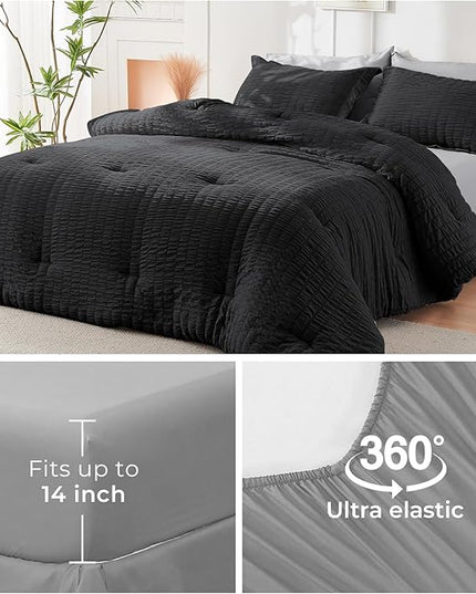 HYMOKEGE Black/Light Grey Queen Comforter Set Seersucker 7 Pieces, All Season Luxury Bed in a Bag Queen for Bedroom, Bedding Set with Comforter, Sheets, Pillowcases & Shams