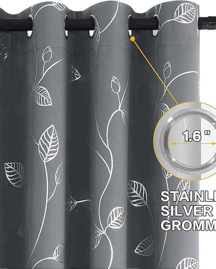 BUHUA Room Darkening Curtains 63 Inch Length, Window Treatments for Living Room Grommet Curtains with Silver Leaf Foil Design (52 x 63 Inch,Grey,Set of 2)