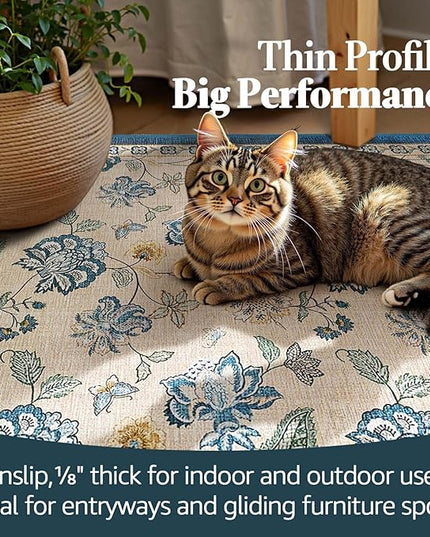 jinchan Elora Floral Corner Rug for Living Room Washable Bedroom Rug Vintage Romance Design Non Slip Quarter Circle Lightweight Low-Pile Throw Carpet for Reading Nook Playroom, 7ft Radius, Blue/Beige