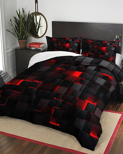 Geometric Red Black Comforter Set,Light Honeycomb 3 Piece Bedding Set Twin for Teen Boys,Modern Bedding Quilt Set Geometry Decor,Microfiber Lightweight 1 Comforter 2 Pillowcases All Season