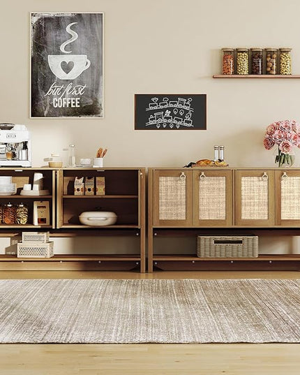 Rattan Entryway Cabinet with Storage,55“ Boho Credenza Storage Cabinet with 4 Doors and Adjustable Shelf, Wood Coffee Bar Console Cabinet Buffet Table for Kitchen, Dinning Room, Sideboard Buffet