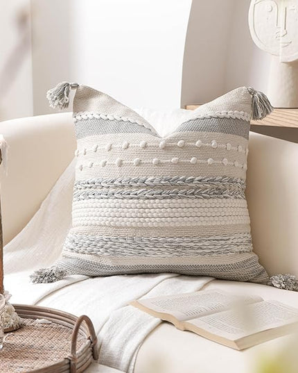 BlissBlush Gray Boho Decorative Throw Pillow Cover 22x22 Square Farmhouse Accent Cushion for Couch Sofa Livingroom Bedroom Pillowcase Modern Home Décor (Pack of 1)