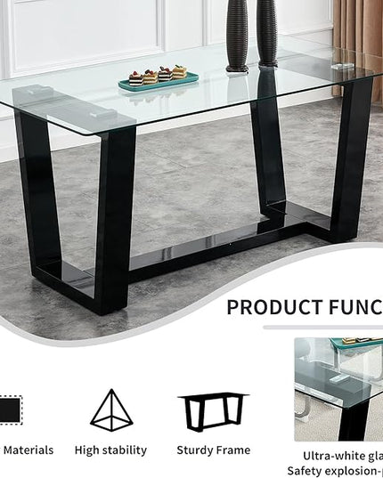 Ebullient Glass Dining Table Set for 6, Modern Dining Table Set for 6, Tempered Glass Tabletop with White MDF Trapezoid Legs, Rectangle Kitchen Table with 6 Faux Leather Chairs for Home, Apartment