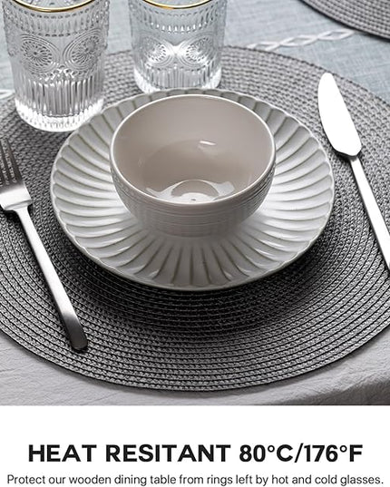Round Placemats Set of 6 Plastic Woven Placemats Washable Wipeable Table Mats for Dining Table Heat Resistant Non-Slip Circle Place Mats (Gray)