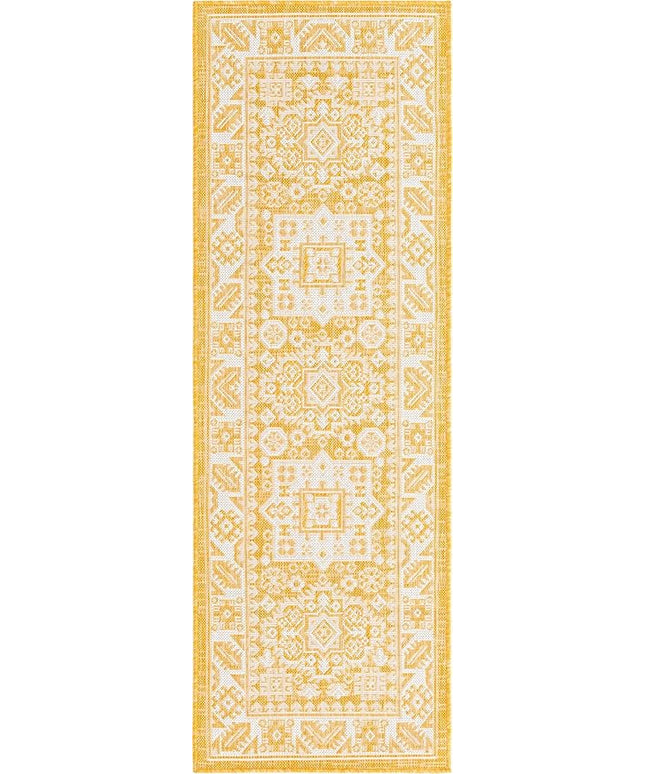 Rugs.com Outdoor Aztec Collection Rug – 6 Ft Runner Yellow Flatweave Rug Perfect for Hallways, Entryways