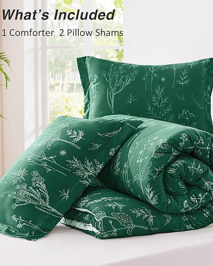 Love's cabin Emerald Full Comforter Set - Full Size Comforter Set, 3 Pieces Cute Floral Bedding Sets for All Seasons,1 Soft Reversible Botanical Flowers Comforter and 2 Pillow Shams
