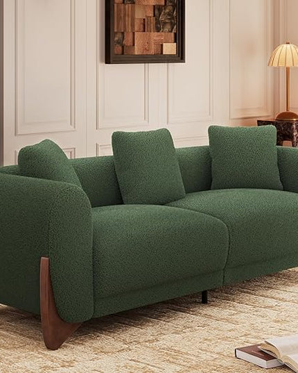 Morden Fort 3 Piece Cloud Couch Set, Modern Sherpa Boucle Sofa Set with Wood Legs, Skin-Friendly Minimalist Upholstered Comfy Couch Sofas for Living Room, 3-Seater Sofa & 2 Chairs, Forest Green
