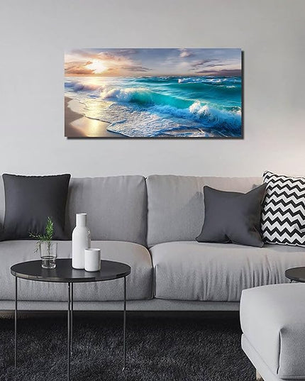 GUGIKA Ocean Wall Art for Living Room, Blue Wave and Large Coastal Beach Canvas Wall-Decor for Bedroom, Gold Sun Scenery Pictures for Hallway Office, Size 40x20 Inches