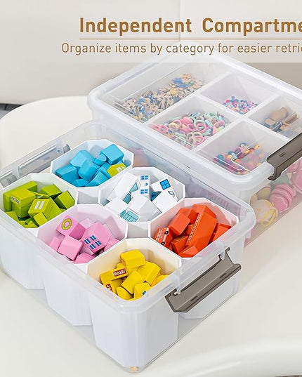 Citylife 17 QT Plastic Storage Box with Removable Tray and 6 Detachable Tall Inserts Craft Organizers and Storage Clear Storage Container for Organizing Crayon, Craft, Sewing, Playdoh, 4 Packs