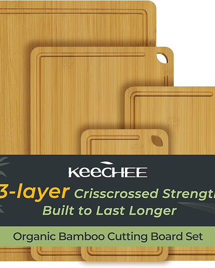 4-Pcs Natural Wood Cutting Board Set Kitchen Tools with Juice Groove, Wooden Chopping Board for Meat, Fruit, Vegetables & Cheese (Pre Oiled, Natural)
