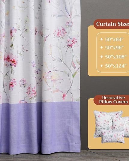 Maison d' Hermine Curtains for Living Room 100% Cotton 96 inch Length One Panel Light Filtering Curtains for Bedroom Windows with Rod and Loop Pockets Drapes (Summer Floral Lilac, 50" W x 96" L)