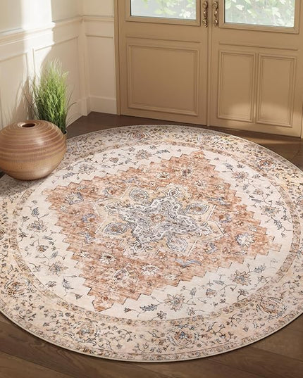 Ciicool Boho 5x5ft Round Area Rug Washable Bedroom Rug Non-Slip Oriental Entryway Throw Rug Low-Pile Indoor Carpet for Dining Room(Vintage Cream/Brick)