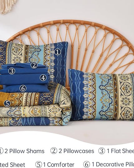 Cottolester Boho King Comforter Set 8 Pieces,Brown Blue Bohemian Comforter Paisley Striped Bed in A Bag,Soft Microfiber Bedding Set for All Season