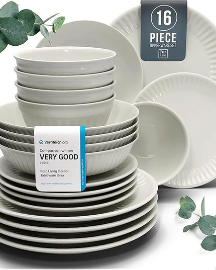 Stoneware Dinnerware Set for 4 People HYGGE 16-Piece - Elegant Scandi Design - Premium Dish Set - Bowl and Plate Set - Tableware for 4 People in a Ribbed Design - Pure Living in Beige