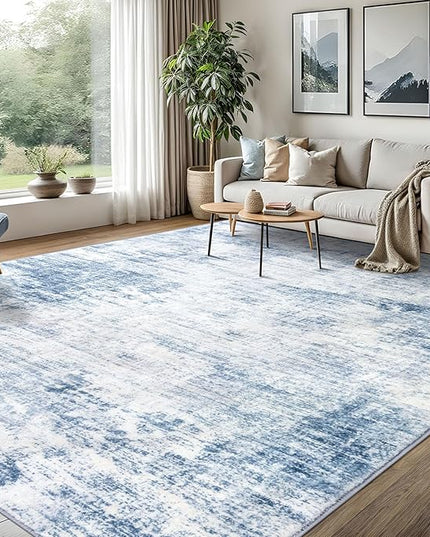 IOHOUZE Abstract Area Rugs 8x10 Ft Washable Large Rugs for Living Room, Non Slip Dining Room Rug, Printed Faux Wool Rugs for Bedroom, Floor Carpet for Office Nursery Playroom, Light Blue White