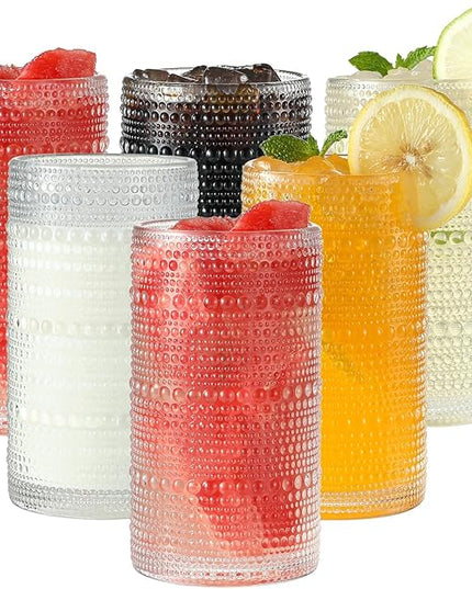 Vintage Hobnail Drinking Glasses Set of 6, 16 oz Large Capacity Embossed Clear Tumblers, Highball Glasses for Water, Cocktail, Beer, Whiskey, Kitchen & Bar Use