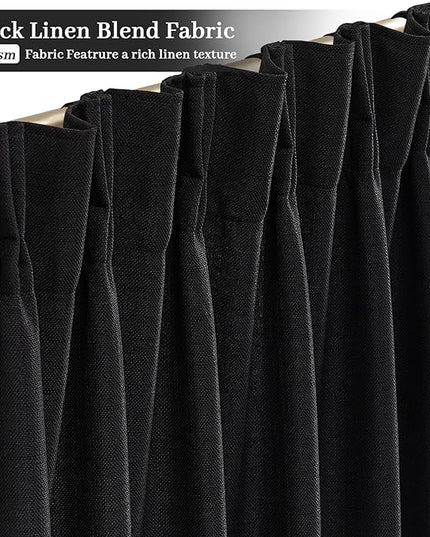 Black Linen Short Pinch Pleated 45 inch Curtains for Windows Over Sink, Light Filtering Vintage Curtain Semi Sheer Privacy for Kitchen Cafe Small Window Back Tab Drape Home Decor 2 Panels Set