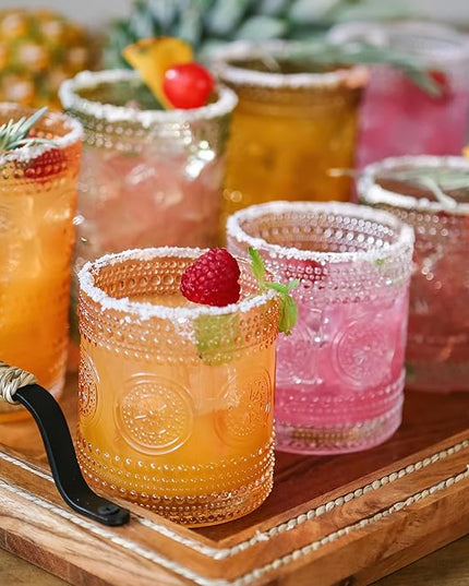 Hobnail Beaded Floral Amber Drinking Glasses Set of 6, (10 oz) Vintage Glassware Set by Kate Aspen| Cocktail Glass Set, Juice Glass, Water Cups | Great Hostess Gift & Gift for New Home Owners
