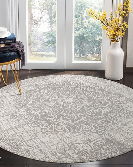 Lahome Medallion Round Rug - 5ft Machine Washable Round Bedroom Rugs Grey Non-Slip Throw Round Rugs for Living Room Vintage Distressed Circle Dinning Room Rug Large Round Carpet for Kitchen Office