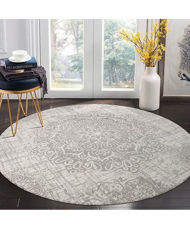 Lahome Medallion Round Rug - 5ft Machine Washable Round Bedroom Rugs Grey Non-Slip Throw Round Rugs for Living Room Vintage Distressed Circle Dinning Room Rug Large Round Carpet for Kitchen Office