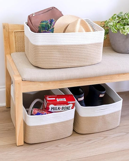 NaturalCozy Storage Baskets 16.8”x13”x7.6” Cotton Rope Woven Baskets for Organizing 3-Pack | Toy Storage Bins | Basket for Shelves, Laundry, Blanket, Clothes, Closet, Kitchen, Bathroom, Gifts