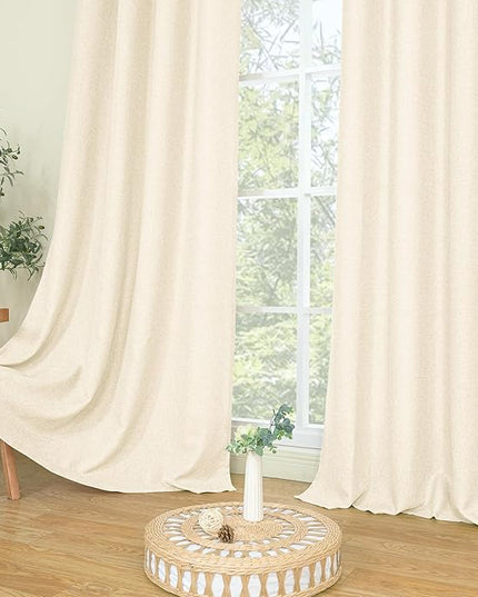 LAMIT Light Beige Linen Curtains for Bedroom 45 inch Length 2 Panels, Linen Textured Light Filtering Curtains Privacy Grommet Window Drapes for Living Room/Farmhouse, Set of 2 Panels, W42 x L45