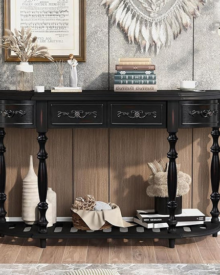 HMFULE Retro Curved Console Table, 52" Solid Wood Half Moon Console Table Sofa Table with 4 Drawers 1 Open Shelf for Living Room,Entryway,Hallway,Black