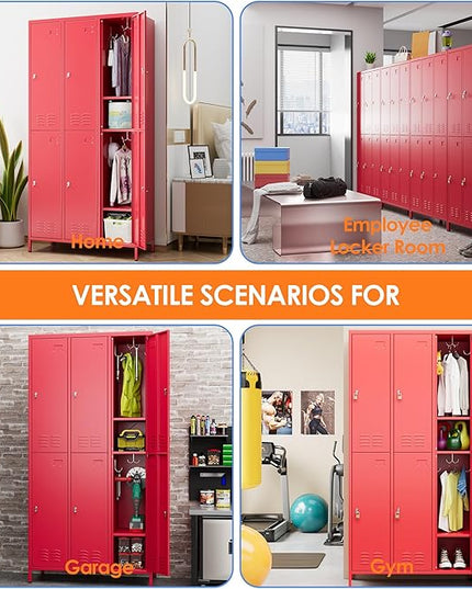 Aobabo Metal Locker for Employees, 6 Doors Metal Locker Cabinet with Lock, Industrial Storage with 18 Hooks, Storage for Home, Office, Gym, Assembly Required, Red