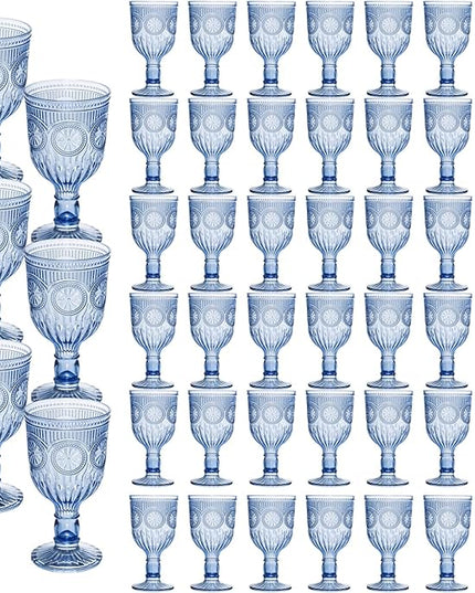 48 Pack Vintage Wine Glasses, Plastic Reusable 12 Ounce Colored Water Goblets, Unique Flower Embossed Pattern Unbreakable Stemmed Wine Glasses High Clear Wedding Party Bar Drinking Cups Blue