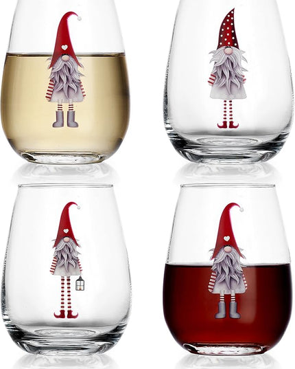 Elegant Home Set of Four (4) 20oz Holiday Festive Gnomes Christmas Stemless Clear Wine Glass For Red Or White Wine