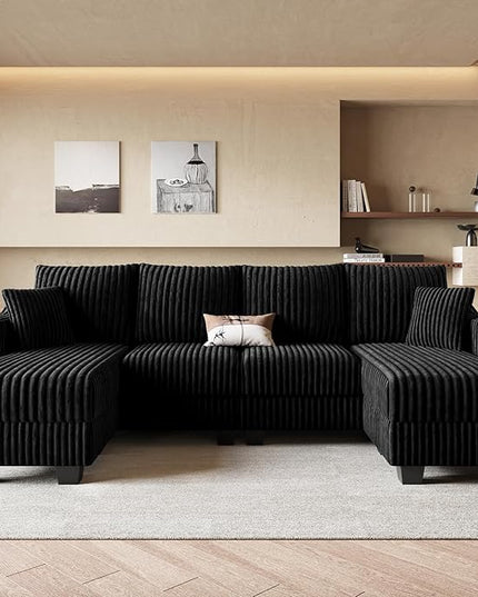 Belffin U Shaped Couch with Reversible Chaises Sectional Couches for Living Room Sectional Couch with Ottomans Corduroy (Black, U Shaped)