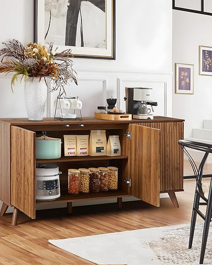 Fluted Sideboard Buffet Cabinet with Storage, Modern Storage Cabinet with 3 Doors, Wood Credenza Buffet Sideboards, Console Table for Kitchen Dining Living Room Entryway (Walnut)