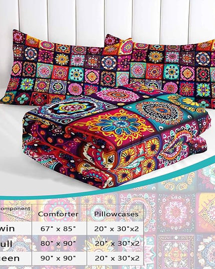 AILONEN Soft Microfiber Queen Size Bedding Set,Bohemian Mandala Floral Geometric Comforter with 2 Pillowcases,3-Piece Colorful Flower Duvet Set