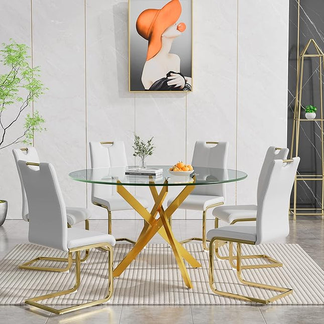 HomVent 7 Piece Round Glass Dining Table Set, Round Glass Kitchen Table Set for 6 with 6 PU Upholstered Dining Chairs for Kitchen Dining Room