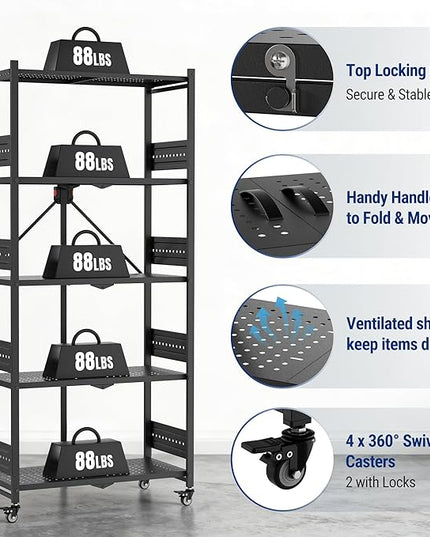 WORKPRO 5-Tier Folding Shelf, No-Assembly Metal Storage Rack with Wheels, 750 lbs Capacity (with Leveling Feet), Collapsible Shelving Unit for Kitchen, Pantry, Bathroom & Closet Organization